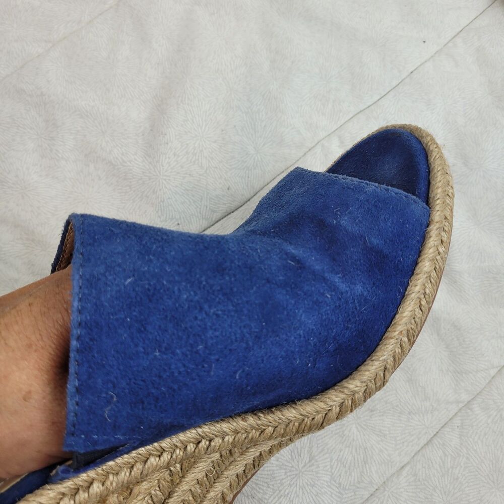 JOHNSTON & MURPHY BLUE SUEDE ESPARTO ROPE HIGH HEEL OPEN TOE WEDGE MULE 10M - Picture 13 of 13